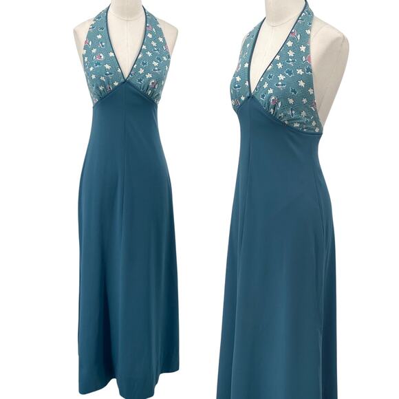 Vintage 70s Halter Dress Floral Pattern Triangle Bodice Teal Blue Pink Womens XS - Picture 1 of 10